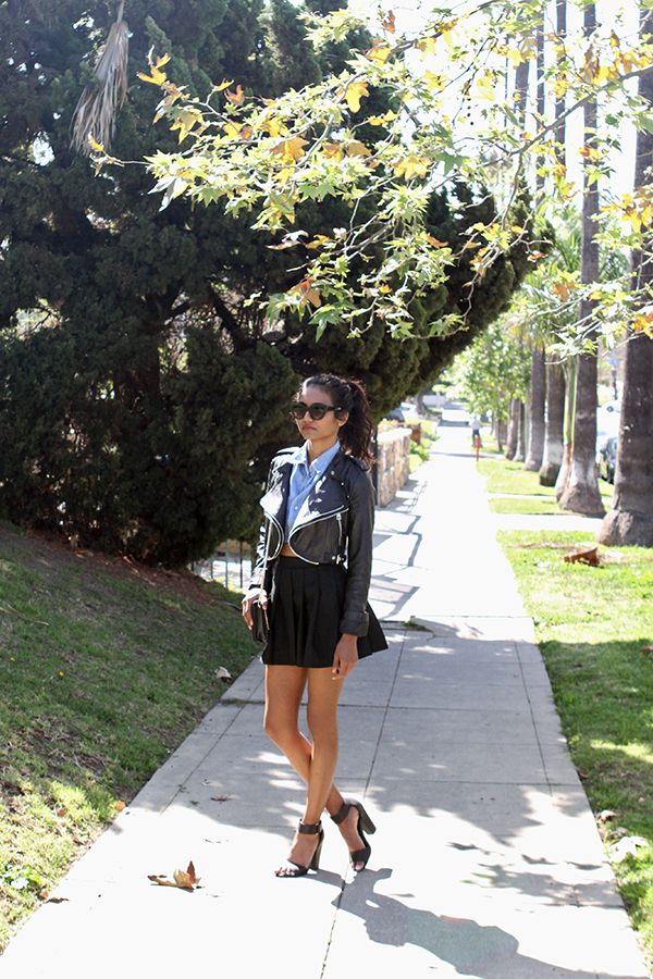 pleated skirts and denim shirts.